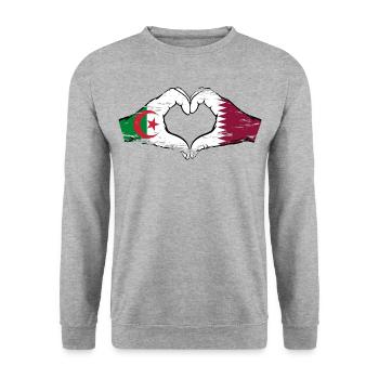 Algerien Katar Flagge Hände Herzform used - Unisex Pullover - Weißgrau meliert - Vorne - Alina (178cm) & Michal (187cm)