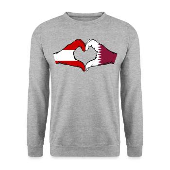 Österreich Katar Flagge Hände Herzform - Unisex Pullover - Weißgrau meliert - Vorne - Alina (178cm) & Michal (187cm)