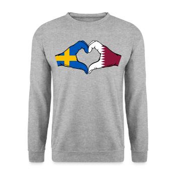 Schweden Katar Flagge Hände Herzform - Unisex Pullover - Weißgrau meliert - Vorne - Alina (178cm) & Michal (187cm)