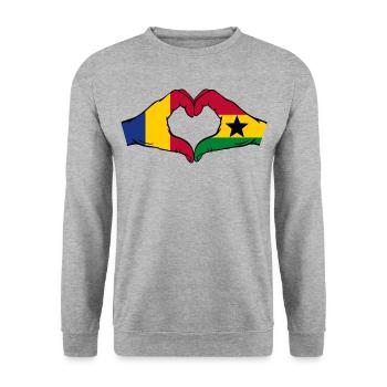 Rumänien Ghana Flagge Hände Herzform - Unisex Pullover - Weißgrau meliert - Vorne - Alina (178cm) & Michal (187cm)
