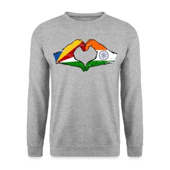 Seychellen Indien Flagge Hände Herzform used - Unisex Pullover - Weißgrau meliert - Vorne - Alina (178cm) & Michal (187cm)
