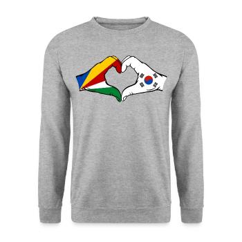 Seychellen Südkorea Flagge Hände Herzform - Unisex Pullover - Weißgrau meliert - Vorne - Alina (178cm) & Michal (187cm)