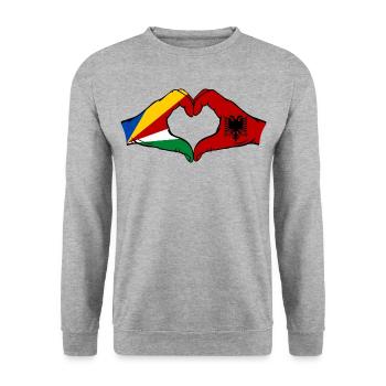 Seychellen Albanien Flagge Hände Herzform - Unisex Pullover - Weißgrau meliert - Vorne - Alina (178cm) & Michal (187cm)