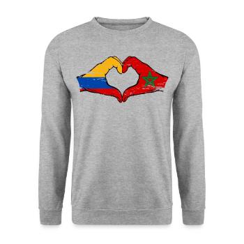 Kolumbien Marokko Flagge Hände Herzform used - Unisex Pullover - Weißgrau meliert - Vorne - Alina (178cm) & Michal (187cm)