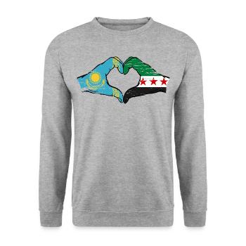 Kazakhstan Syria Flag Hands Heart Shape Used - Unisex Sweatshirt - salt & pepper - Front - Alina (178cm) & Michal (187cm)