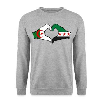 Algerien Syrien Flagge Hände Herzform - Unisex Pullover - Weißgrau meliert - Vorne - Alina (178cm) & Michal (187cm)