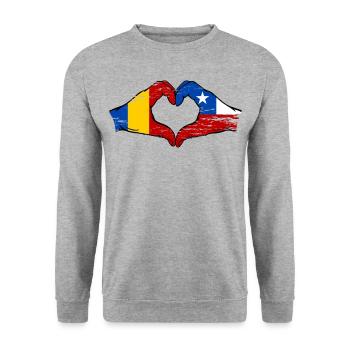 Romania Chile Flag Hands Heart Shape Used - Unisex Sweatshirt - salt & pepper - Front - Alina (178cm) & Michal (187cm)