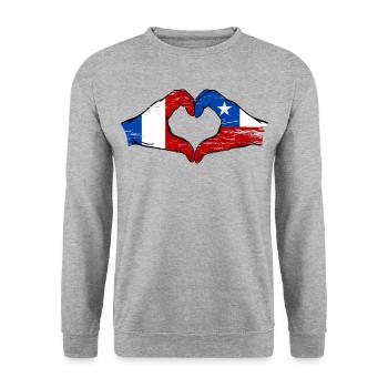 Frankreich Chile Flagge Hände Herzform used - Unisex Pullover - Weißgrau meliert - Vorne - Alina (178cm) & Michal (187cm)