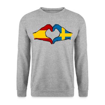Spanien Schweden Flagge Hände Herz - Unisex Pullover - Weißgrau meliert - Vorne - Alina (178cm) & Michal (187cm)