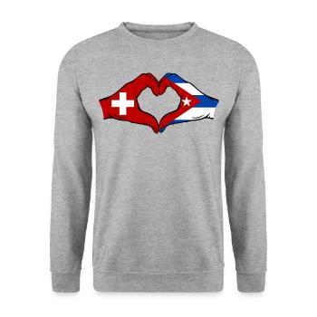 Schweiz Kuba Flagge Hände Herzform - Unisex Pullover - Weißgrau meliert - Vorne - Alina (178cm) & Michal (187cm)