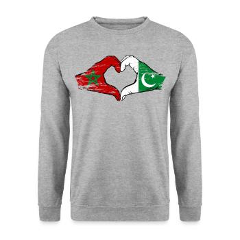 Drapeau du Maroc Pakistan mains en forme de coeur utilisé - Sweat-shirt Unisexe - gris chiné - Devant - Alina (178cm) & Michal (187cm)