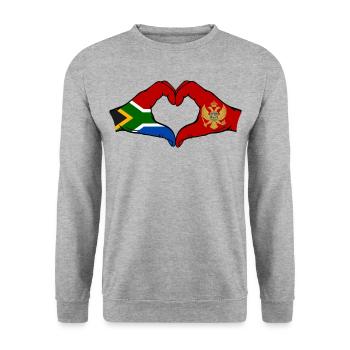 Südafrika Montenegro Flagge Hände Herzform - Unisex Pullover - Weißgrau meliert - Vorne - Alina (178cm) & Michal (187cm)