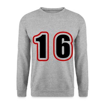 16 Zahl College - Unisex Pullover - Weißgrau meliert - Vorne - Alina (178cm) & Michal (187cm)