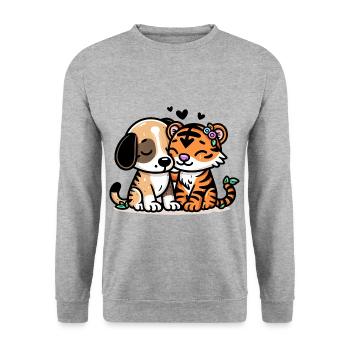 Cuddling Dog And Tiger In Love - Unisex Pullover - Weißgrau meliert - Vorne - Alina (178cm) & Michal (187cm)