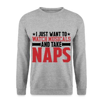 I Just Want To Watch Musicals And Take Naps 3 - Unisex Pullover - Weißgrau meliert - Vorne - Alina (178cm) & Michal (187cm)