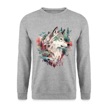 Wolf Wolfskopf Natur Wildnis Wald Bäume Kunst - Unisex Pullover - Weißgrau meliert - Vorne - Alina (178cm) & Michal (187cm)