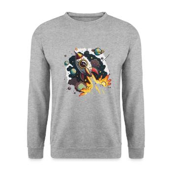 Cosmic Journey: Ein digitales Kunstwerk eines Raketenschiffs - Unisex Pullover - Weißgrau meliert - Vorne - Alina (178cm) & Michal (187cm)