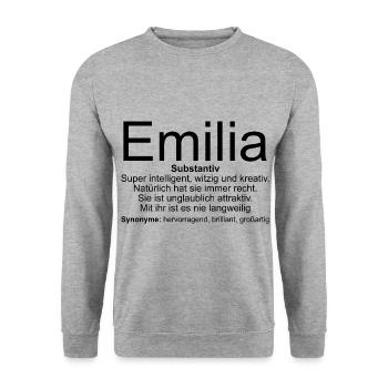 Name Definition Emilia - Unisex Pullover - Weißgrau meliert - Vorne - Alina (178cm) & Michal (187cm)