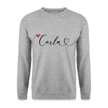 Carla Surname First name Calligraphy Heart - Unisex Sweatshirt - salt & pepper - Front - Alina (178cm) & Michal (187cm)