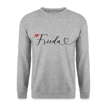 Frieda Nom Prénom Calligraphie coeur - Sweat-shirt Unisexe - gris chiné - Devant - Alina (178cm) & Michal (187cm)