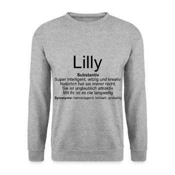 Name Definition Lilly - Unisex Pullover - Weißgrau meliert - Vorne - Alina (178cm) & Michal (187cm)