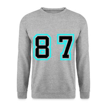87 Zahl Symbol - Unisex Pullover - Weißgrau meliert - Vorne - Alina (178cm) & Michal (187cm)