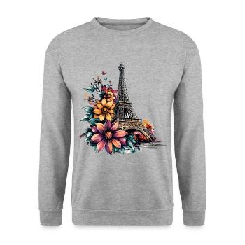 Paris, Tour Eiffel, France, City, Skyline, Fleurs - Sweat-shirt Unisexe - gris chiné - Devant - Alina (178cm) & Michal (187cm)