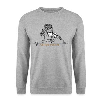 Saiten Poetin Frau mit Geige und Herzschlag - Unisex Pullover - Weißgrau meliert - Vorne - Alina (178cm) & Michal (187cm)