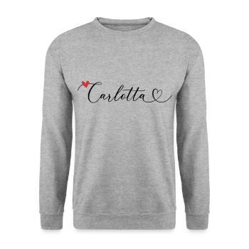 Carlotta Surname First name Calligraphy Heart - Unisex Sweatshirt - salt & pepper - Front - Alina (178cm) & Michal (187cm)