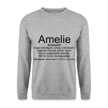 Name Definition Amelie - Unisex Pullover - Weißgrau meliert - Vorne - Alina (178cm) & Michal (187cm)