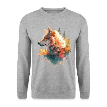 Wolf Wolfskopf Natur Wildnis Wald Bäume Kunst - Unisex Pullover - Weißgrau meliert - Vorne - Alina (178cm) & Michal (187cm)