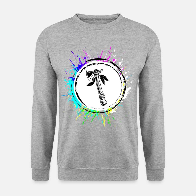 Axt Indianer feder Bunt - Unisex Pullover - Weißgrau meliert