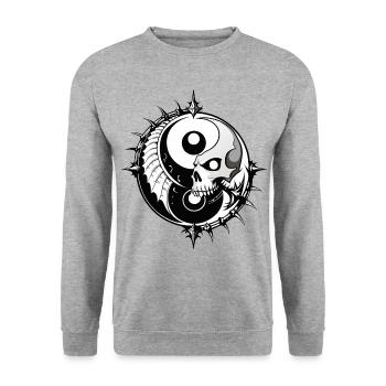 Yin Yang Skull / Totenkopf asia Philosophie FS0163 - Unisex Pullover - Weißgrau meliert - Vorne - Alina (178cm) & Michal (187cm)