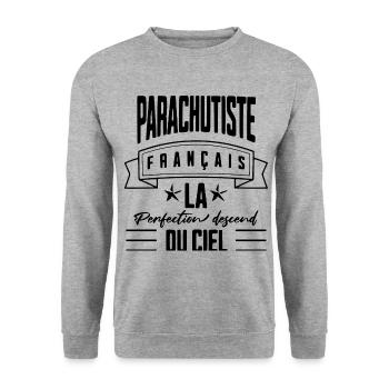 "Parachutiste Français, Perfection Céleste" - Sweat-shirt Unisexe - gris chiné - Devant - Alina (178cm) & Michal (187cm)