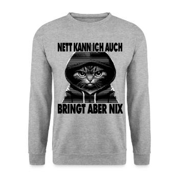 Spruch Katze - Nett kann ich auch bringt aber nix - Unisex Pullover - Weißgrau meliert - Vorne - Alina (178cm) & Michal (187cm)