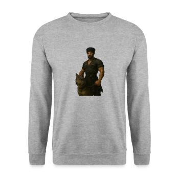 Wächter der Berge – Krieger mit Wolf - Unisex Pullover - Weißgrau meliert - Vorne - Alina (178cm) & Michal (187cm)