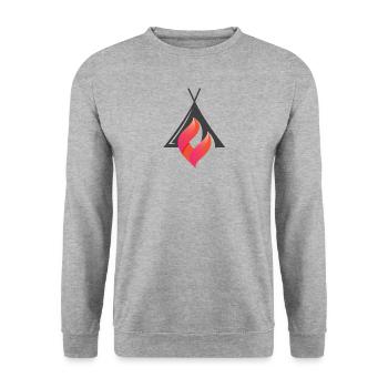Flamme vor einem Campingzelt Rot Orange stilisiert - Unisex Pullover - Weißgrau meliert - Vorne - Alina (178cm) & Michal (187cm)