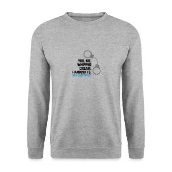 Lasst uns genießen! Du, ich, Schlagsahne und Handschellen! - Unisex Pullover - Weißgrau meliert - Vorne - Alina (178cm) & Michal (187cm)