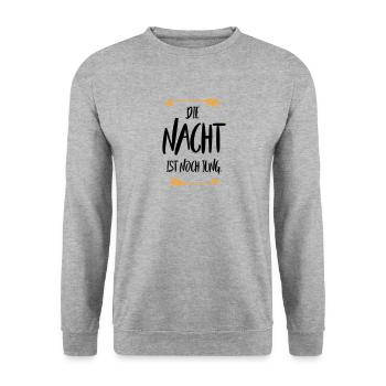 Sprüche Die Nacht ist noch jung - Unisex Pullover - Weißgrau meliert - Vorne - Alina (178cm) & Michal (187cm)