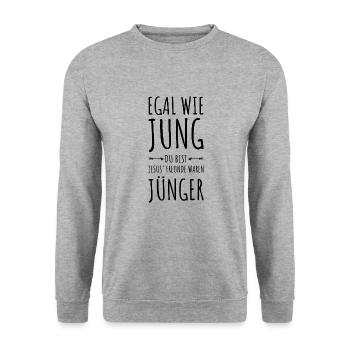 Egal wie jung du bist Jesus' Freunde waren Jünger - Unisex Pullover - Weißgrau meliert - Vorne - Alina (178cm) & Michal (187cm)