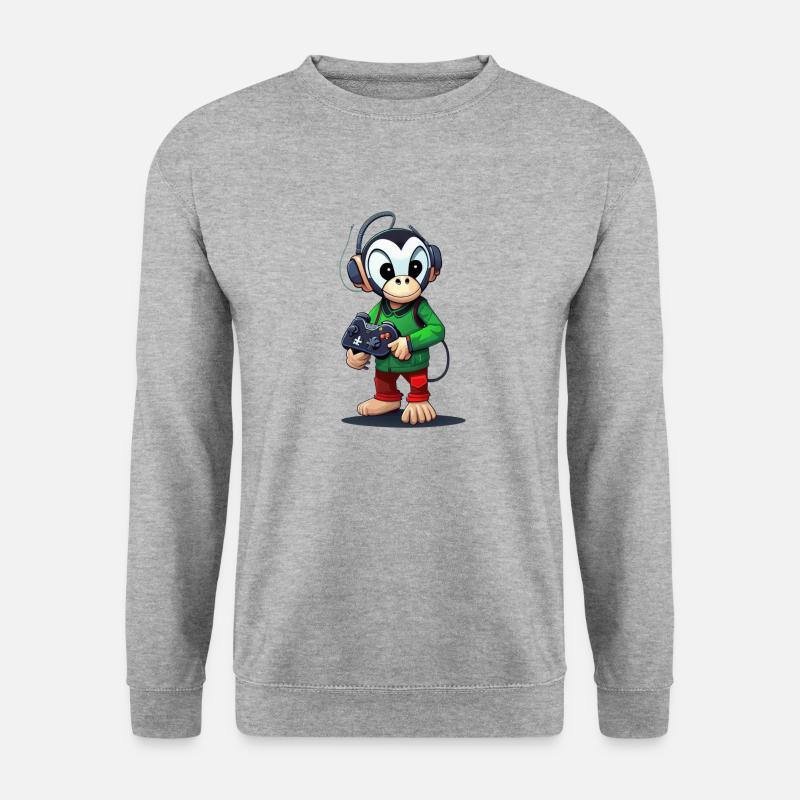Gaming Affe mit Controller und Headset - Unisex Pullover - Weißgrau meliert