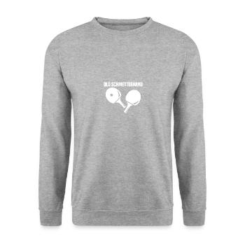 Lustiges Old Schmetterhand Design mit - Unisex Pullover - Weißgrau meliert - Vorne - Alina (178cm) & Michal (187cm)