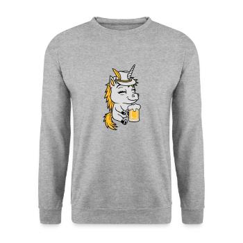 Bier trinkendes sitzendes Einhorn - Unisex Pullover - Weißgrau meliert - Vorne - Alina (178cm) & Michal (187cm)