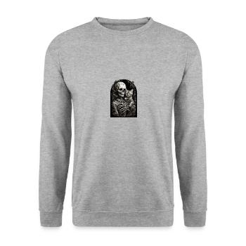 Squelette tenant un chaton paresseux costume d’Halloween - Sweat-shirt Unisexe - gris chiné - Devant - Alina (178cm) & Michal (187cm)