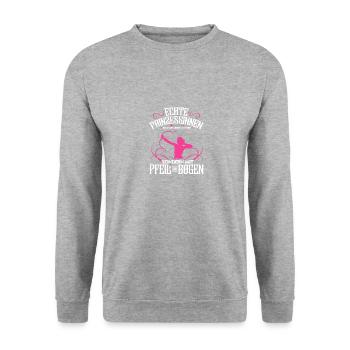 Bogenschießen Design für eine Bogenschützin - Unisex Pullover - Weißgrau meliert - Vorne - Alina (178cm) & Michal (187cm)