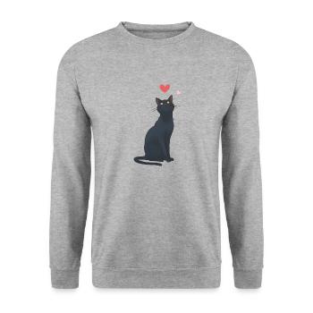 Schwarze Katze & Herz – süßes Halloween - Unisex Pullover - Weißgrau meliert - Vorne - Alina (178cm) & Michal (187cm)