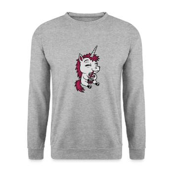 Boba Tee trinkendes Einhorn - Unisex Pullover - Weißgrau meliert - Vorne - Alina (178cm) & Michal (187cm)