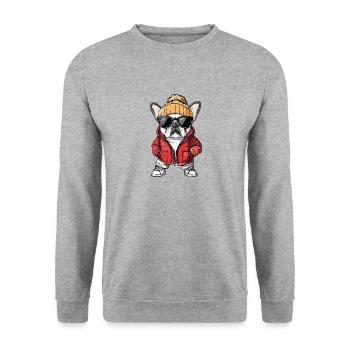 Französische Buldogge Hund Cool Comic - Unisex Pullover - Weißgrau meliert - Vorne - Alina (178cm) & Michal (187cm)