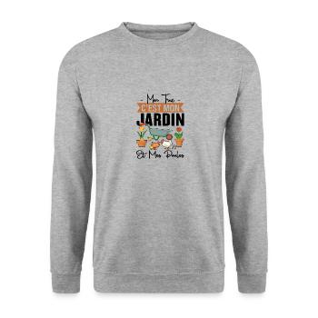 Mon Truc C'est Mon Jardin Et Mes Poules Cadeau - Sweat-shirt Unisexe - gris chiné - Devant - Alina (178cm) & Michal (187cm)