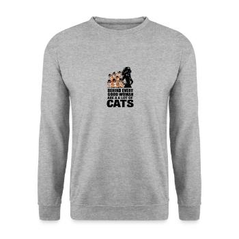 Hinter jeder guten Frau stehen viele Katzen - - Unisex Pullover - Weißgrau meliert - Vorne - Alina (178cm) & Michal (187cm)